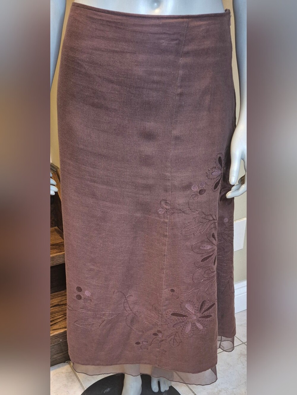 Embroidered Coffee Brown Midi Skirt